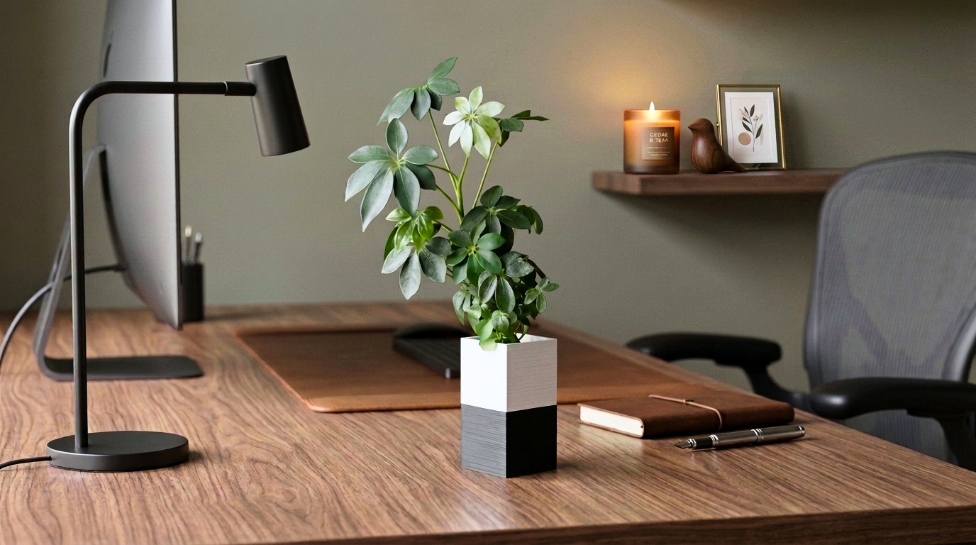 Le Cube Éclance blanc et noir sur un bureau en bois Image