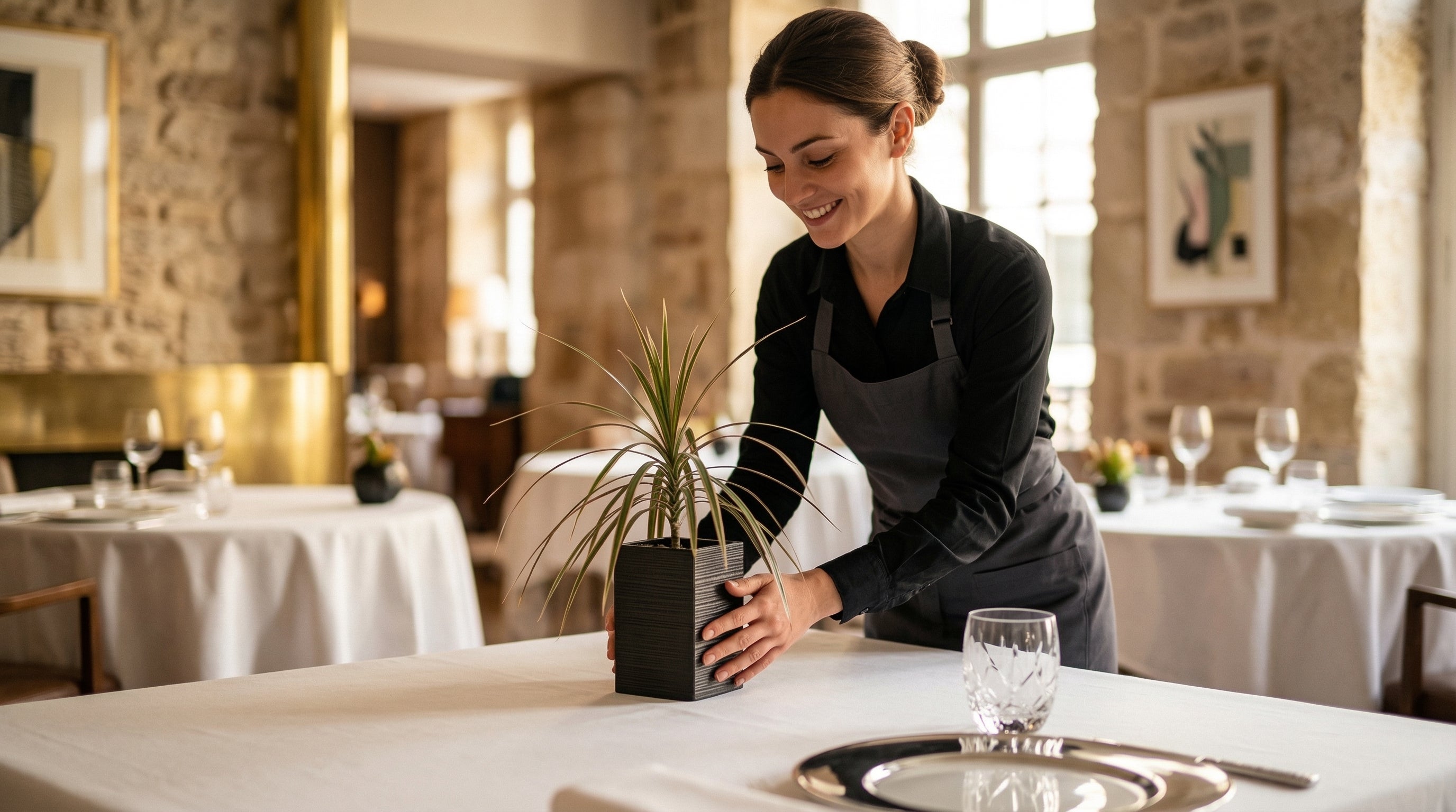 Une serveuse en train de faire ma mise en place d'une salle de restaurant en posant un cube avec une plante sur une table