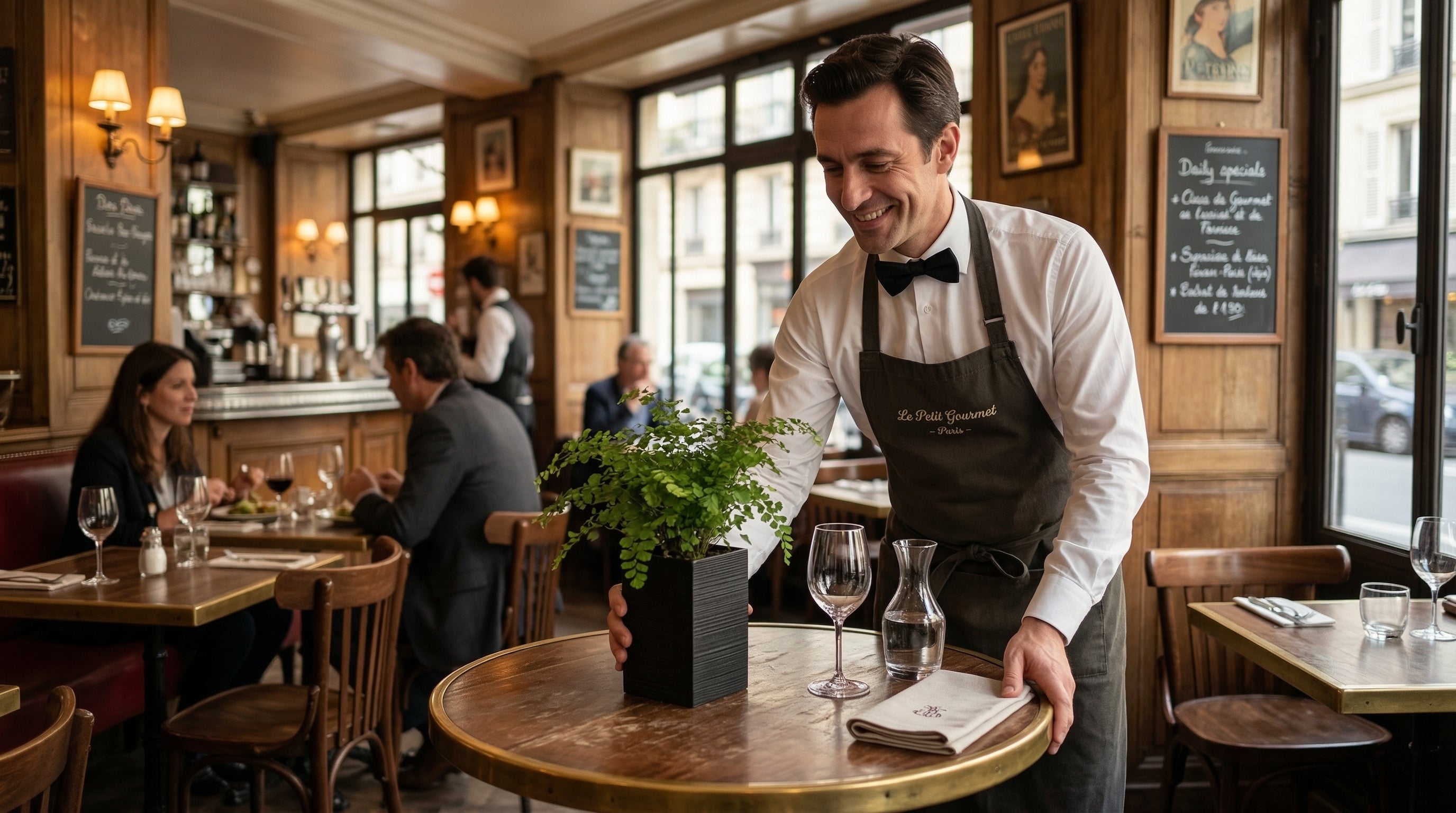 Serveur dans un bistro parisien disposant sur une table en bois un cache-pot. Le Cube noir de la marque Éclance, idéal pour un pot de 6cm, apportant une touche de verdure élégante. Bild