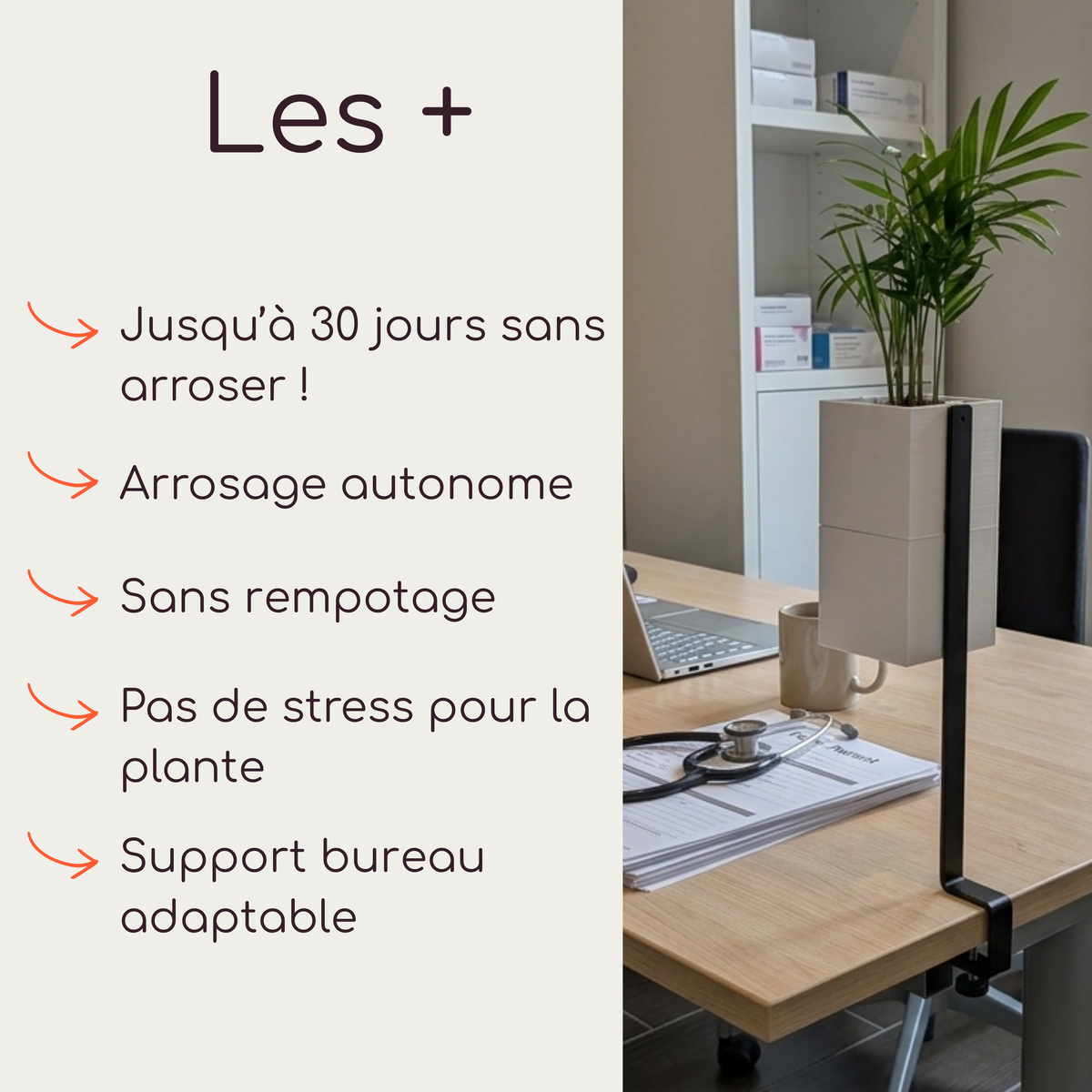 Vue détaillée du support de bureau noir Éclance 'L'îlot végétal', fixé à un bureau en bois clair. Il tient un cache-pot cubique blanc 'Le cube' (spécifiquement adapté pour un pot de 6 cm) contenant une petite plante verte. En arrière-plan, un ordinateur portable et un stéthoscope. Le panneau de gauche liste les avantages de l'auto-arrosage Éclance.