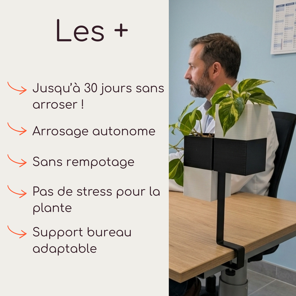 Infographie, mise en situation du support de bureau adaptable L'îlot végétal par Éclance décoration intérieur végétal. À droite, un professionnel en blouse blanche est assis à son bureau en bois, sur lequel est fixé le support noir. Ce dernier met en valeur deux cache-pots Le cube (bicolores noirs et blancs, pour pots de 6cm) contenant des plantes Pothos verdoyantes.Une liste met en avant les bénéfices du produit : 3 semaines sans s'en occuper, arrosage par capillarité avec mèche autonome Capill'O