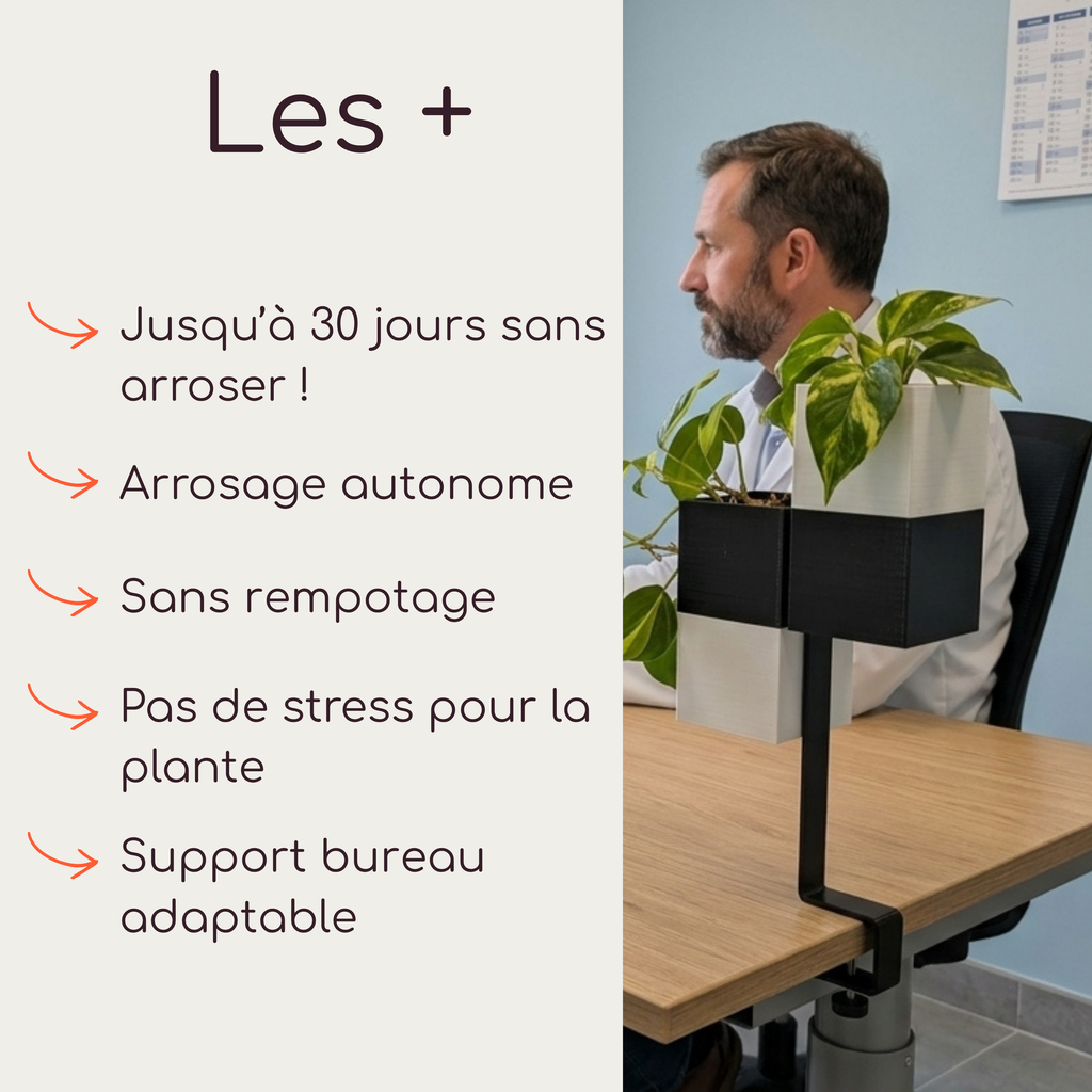 Infographie, mise en situation du support de bureau adaptable L'îlot végétal par Éclance décoration intérieur végétal. À droite, un professionnel en blouse blanche est assis à son bureau en bois, sur lequel est fixé le support noir. Ce dernier met en valeur deux cache-pots Le cube (bicolores noirs et blancs, pour pots de 6cm) contenant des plantes Pothos verdoyantes.Une liste met en avant les bénéfices du produit : 3 semaines sans s'en occuper, arrosage par capillarité avec mèche autonome Capill'O