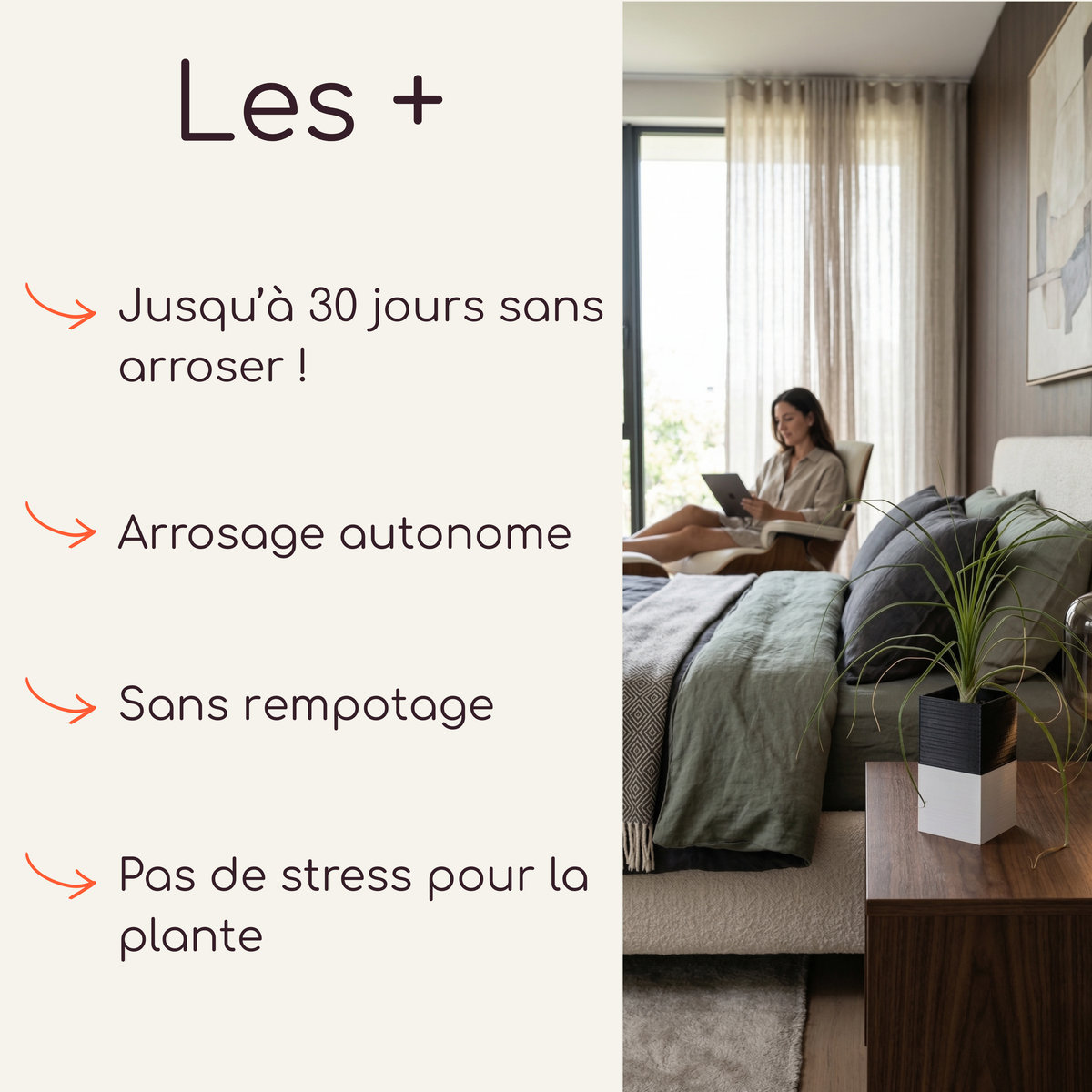 Cache-pot Éclance Le Cube noir et blanc pour pot de 6cm en situation dans une chambre. 3 semaines d'autonomie, arrosage par capillarité, pas de stress, pas de rempotage, mèche autonome Capill'O®. Cube sur table de chevet, femme lisant.