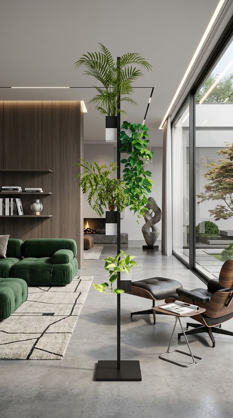 Une vue grand angle d'un salon luxueux et moderne, avec le porte-plantes vertical autoportant 'l'archipel végétal' de la marque Éclance décoration intérieur végétal. Le système est composé d'une base carrée noire et d'un mât noir supportant des caches-pots cubiques 'Le cube' d'Éclance, adaptés pour des pots de 6 cm. Les quatre cache-pots sont bicolores noir et blanc et contiennent des plantes variées. Le salon comprend un grand canapé d'angle en velours vert, un fauteuil premium Lounge.