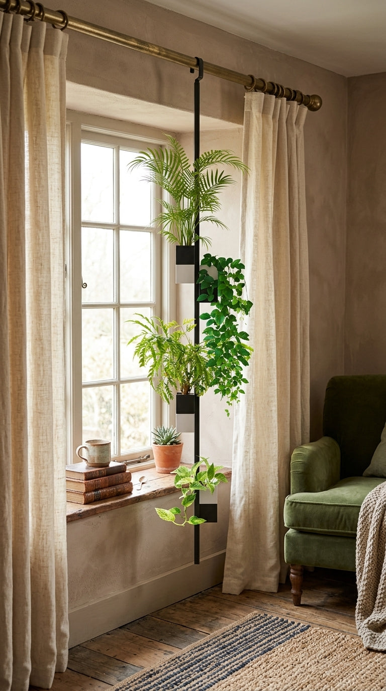 Une vue d'intérieur d'un salon chaleureux près d'une fenêtre, montrant l'archipel végétal suspendu de la marque Éclance décoration intérieur végétal. Ce système de porte-plantes vertical noir est accroché à une tringle à rideaux en laiton et supporte des cache-pots cubiques 'Le cube' d'Éclance, adaptés pour des pots de 6 cm, en finitions blanc et noir. Les cache-pots contiennent des plantes variées comme un palmier, une fougère et une plante grimpante. Le rebord de la fenêtre en bois contient des livres.