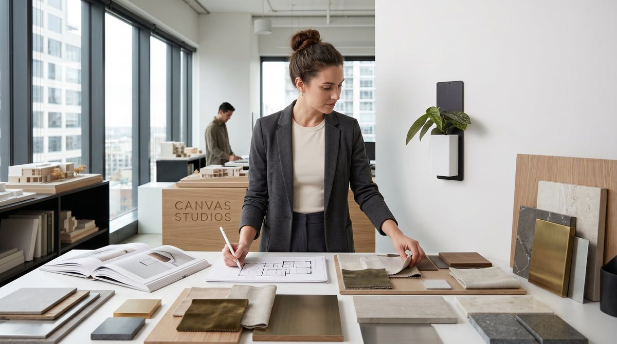 Décoration épurée d'un bureau d'architecte avec la marque Éclance décoration intérieur végétal. Fixé sur un grand pan de mur beige au-dessus d'un meuble en bois, un support mural noir vertical met en valeur le cache-pot Le cube de couleur tout blanc (un cache-pot adapté pour un pot de 6cm) contenant une plante verte. À l'arrière-plan, on aperçoit une table de dessin technique et un panneau d'inspiration de matériaux.