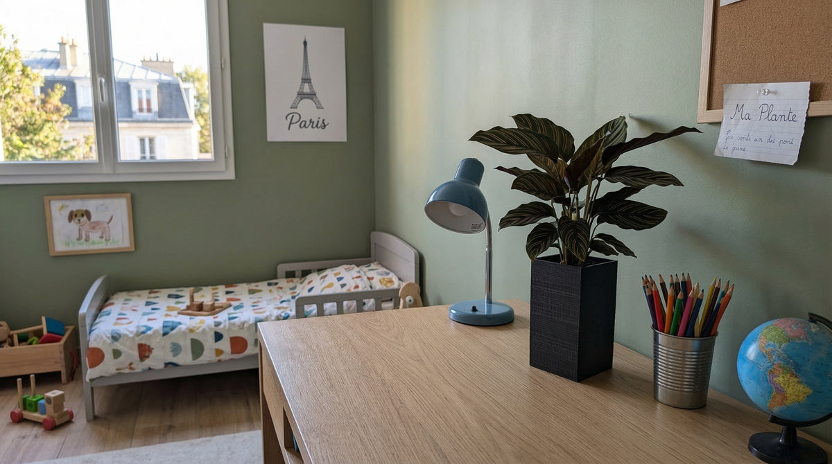 Le cache-pot noir mat Le cube d'Éclance, adapté pour un pot de 6 cm, est disposé sur un bureau en bois clair. Il abrite une Calathea sanderiana. À côté, on trouve une lampe de bureau bleue, des crayons et un globe terrestre. L'arrière-plan montre un lit d'enfant et une fenêtre parisienne.