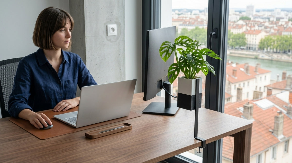 Une femme travaille sur son ordinateur portable sur un bureau en bois massif avec vue sur la ville. À sa droite, un cache-pot Le Cube bicolore Éclance (adapté pour pot de 6cm) est fixé sur sa barre latérale clamped. Contient un Monstera, pour une décoration intérieur végétal au poste de travail.