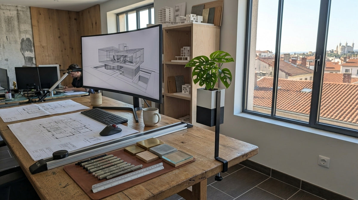 Cache-pot Le Cube bicolore blanc et noir (adapté pour pot de 6cm) de la marque Éclance, monté sur un support de bureau noir à pince. Il contient une plante Monstera adansonii et est placé sur un bureau d'architecte en bois à côté d'un grand moniteur incurvé affichant un plan d'architecture 3D. Décoration intérieure végétale pour espace de travail moderne.