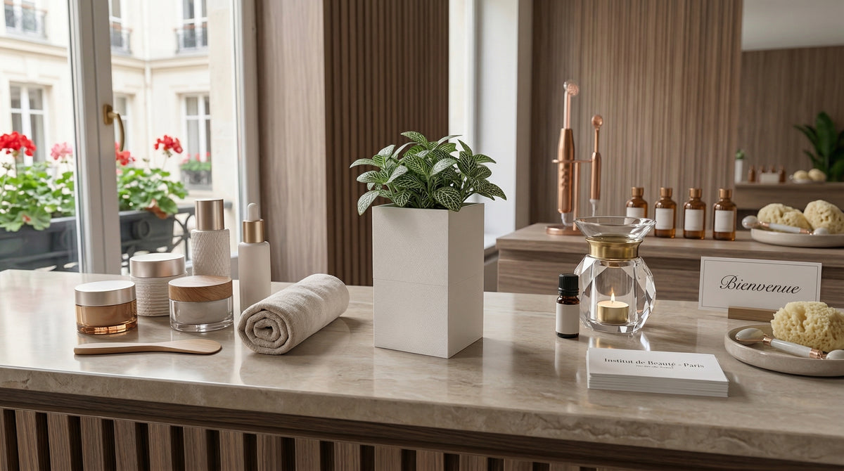 Cache-pot Éclance modèle Le Cube blanc (pour pot de 6cm) contenant une plante Fittonia, posé sur le comptoir en marbre d'un institut de beauté parisien à côté de produits de soins.