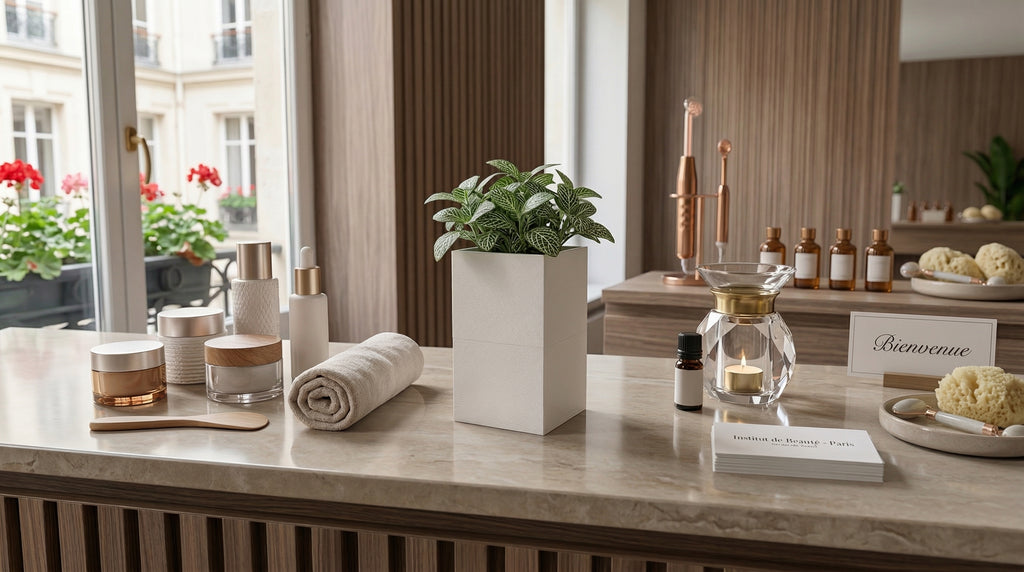 Cache-pot Éclance modèle Le Cube blanc (pour pot de 6cm) contenant une plante Fittonia, posé sur le comptoir en marbre d'un institut de beauté parisien à côté de produits de soins.