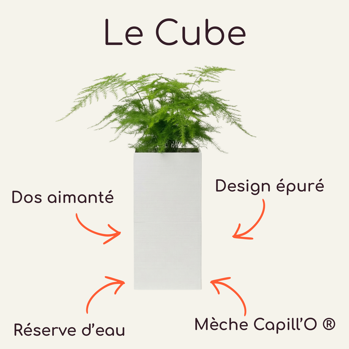 Cache-pot modulable Le Cube Éclance blanc pour pot de 6cm, vue de face et perspective montrant la texture striée et l'empilage design.