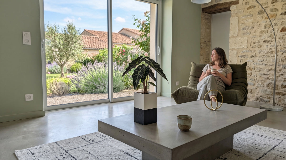 Cache-pot Éclance Le Cube bicolore blanc et noir (adapté pot de 6cm) avec une plante Alocasia, posé sur une table basse en béton dans un salon de villa avec vue sur un jardin provençal.