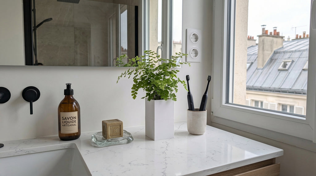 Cache-pot Éclance Le Cube blanc pour pot de 6cm avec une fougère, disposé sur un plan vasque en marbre blanc devant une fenêtre avec vue sur les toits de Paris.