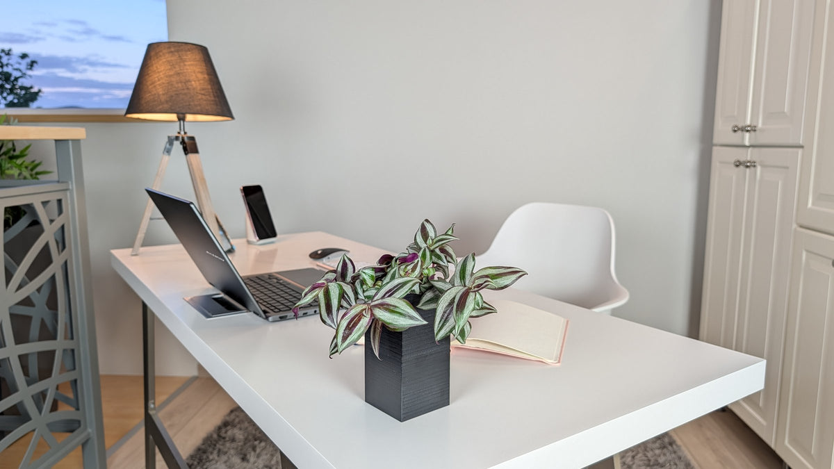 Cache-pot Le Cube Éclance noir : un bureau blanc moderne aménagé avec un ordinateur portable, une plante verte et un petit pot noir.