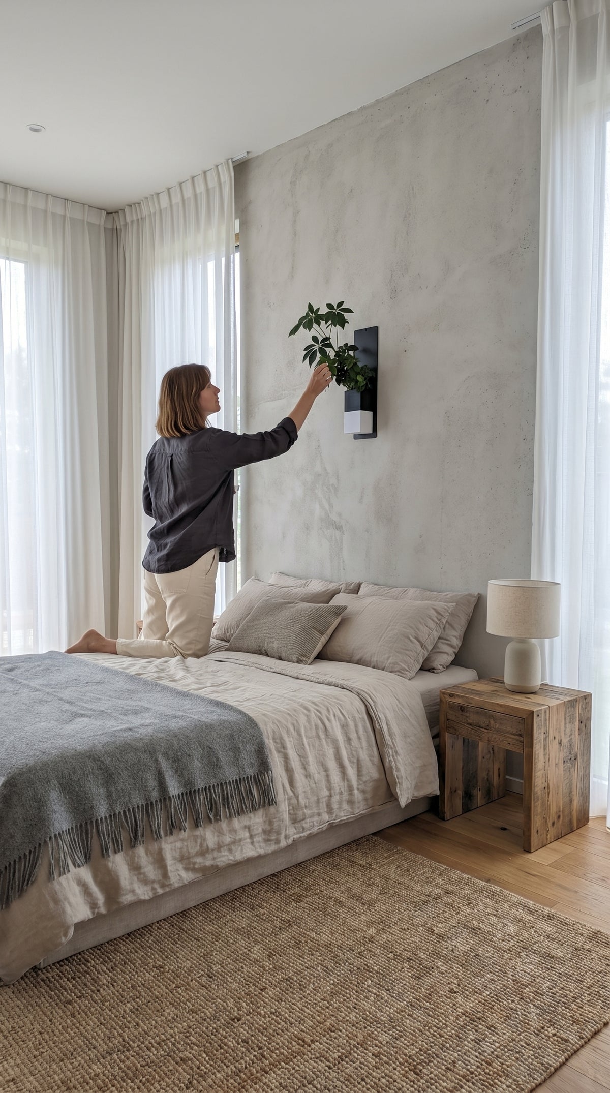 Une femme agenouillée sur un lit aux draps en lin ajuste délicatement une plante verte dans une chambre lumineuse. La plante est mise en valeur dans le cache-pot Le cube bicolore noir et blanc de la marque Éclance décoration intérieur végétal. Ce cache-pot, adapté pour un pot de 6cm, est accroché au mur texturé grâce à un élégant support mural vertical noir.