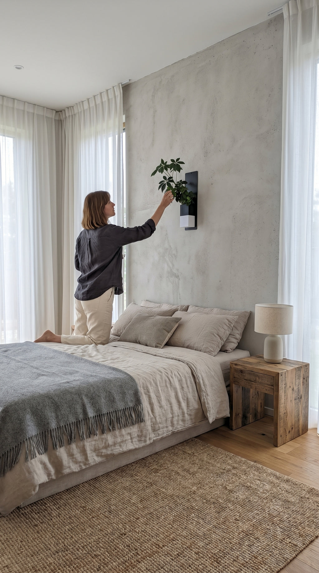 Une femme agenouillée sur un lit aux draps en lin ajuste délicatement une plante verte dans une chambre lumineuse. La plante est mise en valeur dans le cache-pot Le cube bicolore noir et blanc de la marque Éclance décoration intérieur végétal. Ce cache-pot, adapté pour un pot de 6cm, est accroché au mur texturé grâce à un élégant support mural vertical noir.