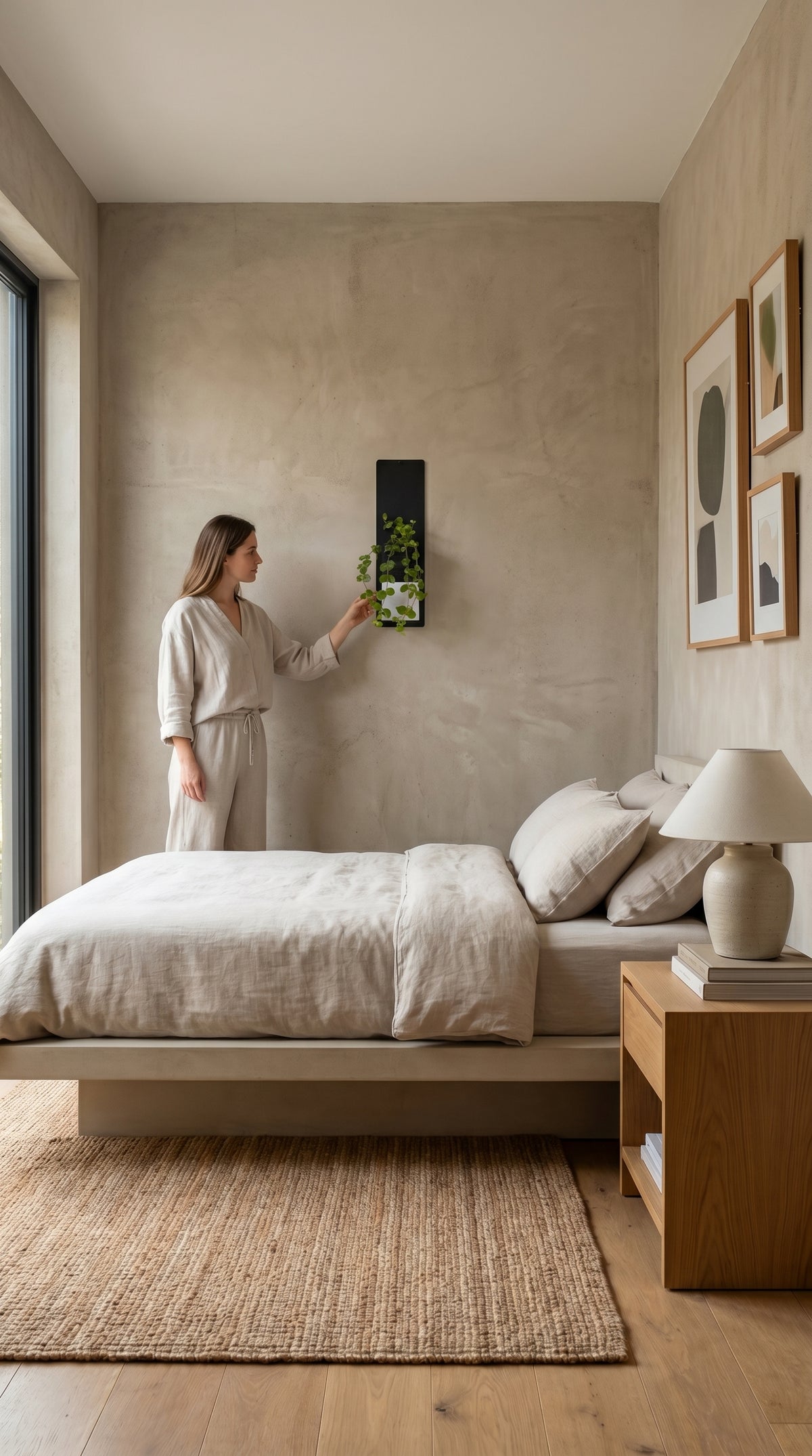 Dans une chambre moderne au design épuré avec mur en béton, une femme en chemise claire et pantalon noir entretient une plante de lierre. La plante est logée dans le cache-pot 'Le Cube' de la marque Éclance décoration intérieur végétal. Ce modèle bicolore noir et blanc, parfaitement adapté pour un pot de 6cm, est fixé sur un long support mural vertical noir. En arrière-plan, on distingue un lit et un rideau voilage.