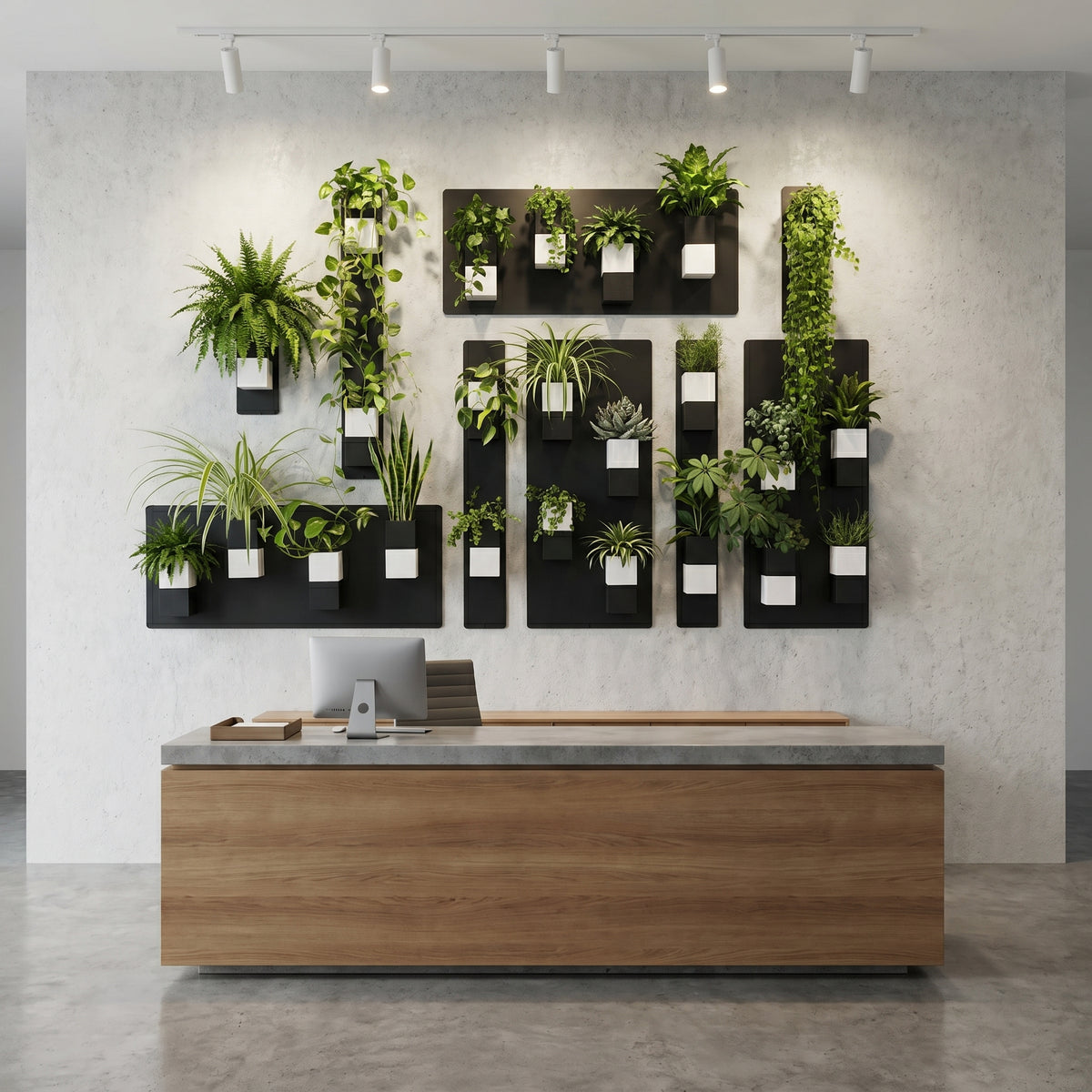 Grand mur végétal modulaire de la marque Éclance décoration intérieur végétal, habillant l'espace situé derrière une banque d'accueil moderne. Des supports muraux noirs design sont fixés sur un mur en béton brut clair et mettent en relief les cache-pots Le Cube bicolores (noir et blanc), spécialement conçus pour des plantes en pot de 6cm. Éclairée par une rangée de spots au plafond, la composition dévoile une belle diversité de plantes vertes comme des pothos suspendus, des fougères et des chlorophytums.