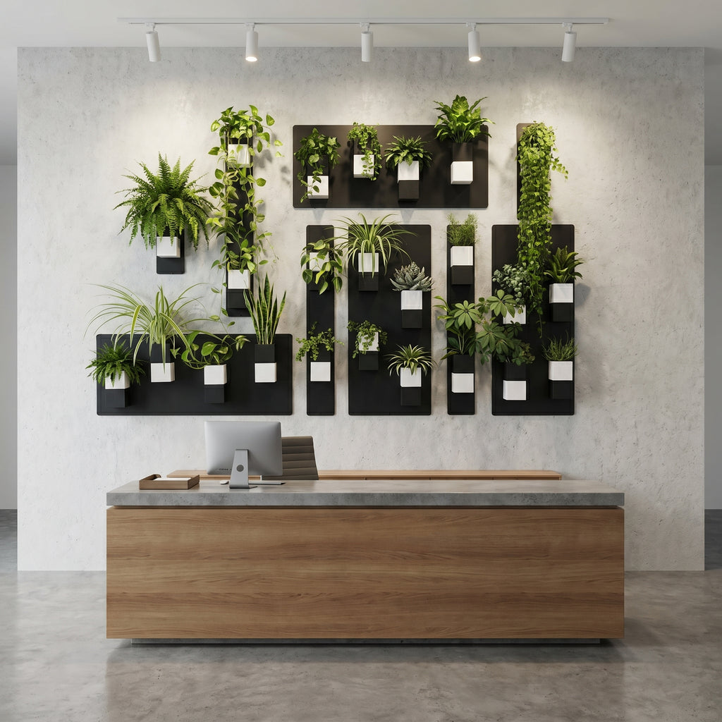 Grand mur végétal modulaire de la marque Éclance décoration intérieur végétal, habillant l'espace situé derrière une banque d'accueil moderne. Des supports muraux noirs design sont fixés sur un mur en béton brut clair et mettent en relief les cache-pots Le Cube bicolores (noir et blanc), spécialement conçus pour des plantes en pot de 6cm. Éclairée par une rangée de spots au plafond, la composition dévoile une belle diversité de plantes vertes comme des pothos suspendus, des fougères et des chlorophytums.