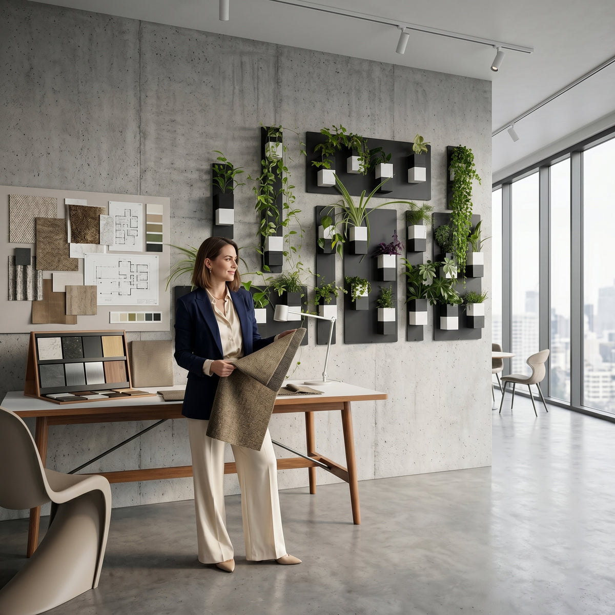 Aménagement de bureau créatif par Éclance décoration intérieur végétal, mettant en scène un mur végétal modulaire sur un fond en béton brut. Des supports muraux noirs accueillent les cache-pots Le Cube bicolores (noir et blanc), parfaitement adaptés pour des plantes en pot de 6cm comme le pothos et le chlorophytum. Au premier plan, une architecte d'intérieur examine des échantillons de tissus et de textures près d'un bureau en bois vernis et d'un moodboard d'inspiration, dans un espace lumineux ouvert.