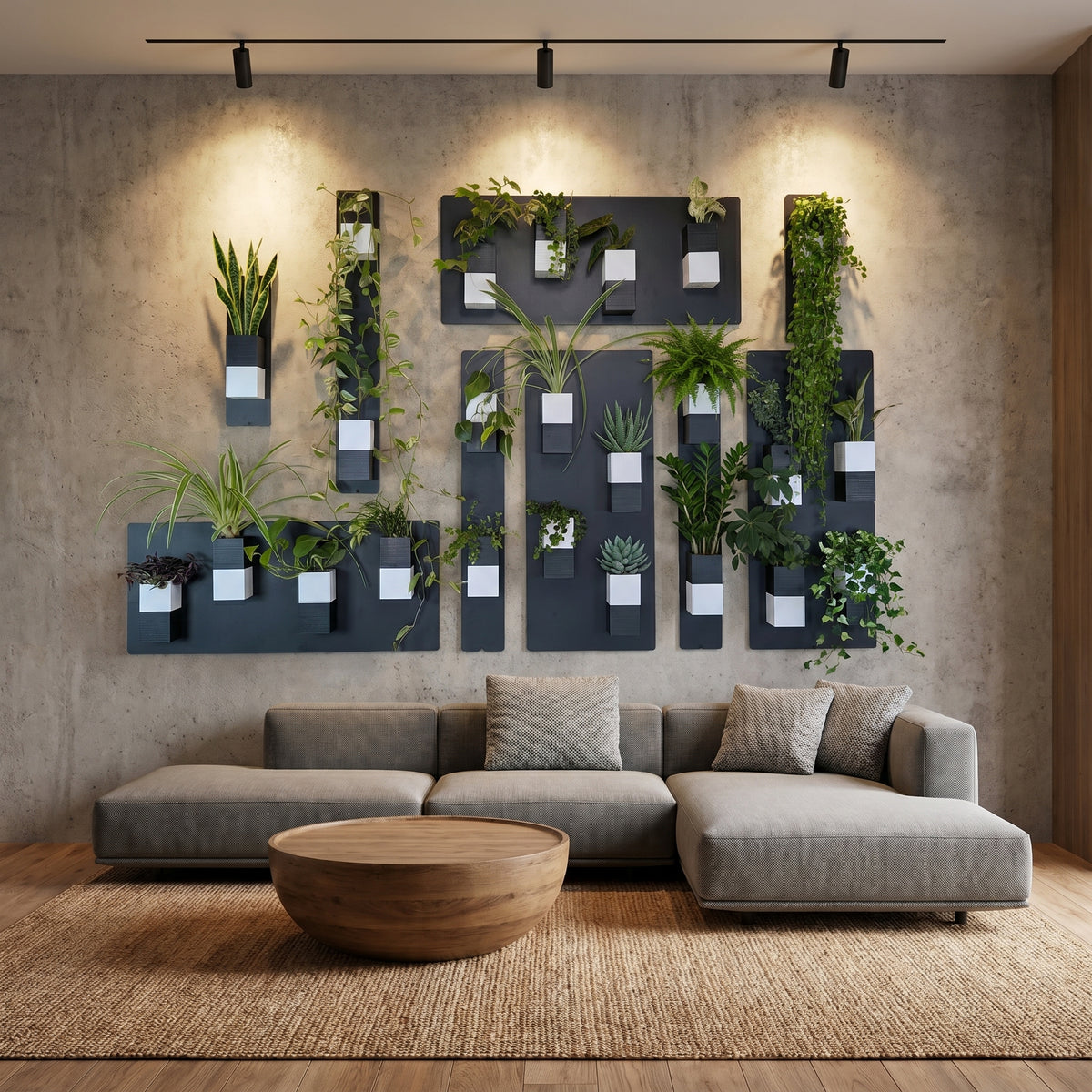Grand mur végétal modulaire de la marque Éclance décoration intérieur végétal, sublimé par un éclairage de spots directionnels dans un salon moderne. Des supports muraux noirs sont fixés sur un mur texturé en béton brut et accueillent les cache-pots Le Cube bicolores (noir et blanc), spécialement adaptés pour recevoir des plantes en pot de 6cm. La composition est dotée d'une grande variété de plantes vertes, dont des lierres retombants, des chlorophytums et une sansevieria. 