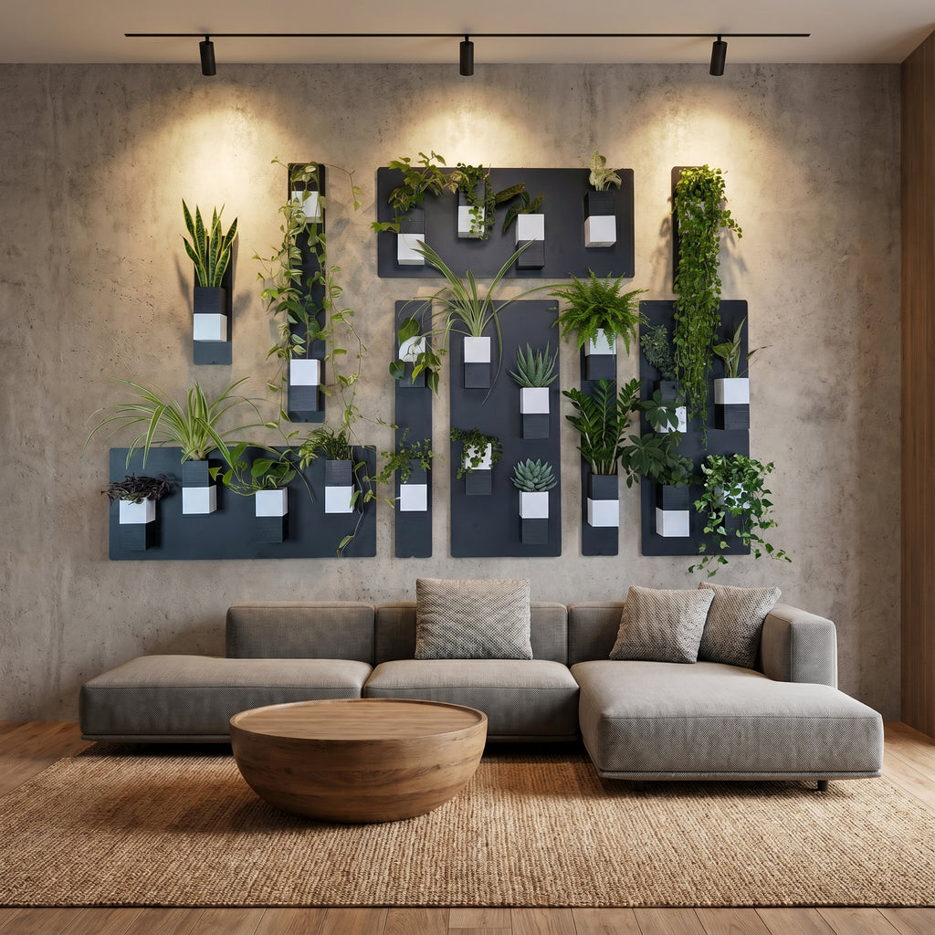 Grand mur végétal modulaire de la marque Éclance décoration intérieur végétal, sublimé par un éclairage de spots directionnels dans un salon moderne. Des supports muraux noirs sont fixés sur un mur texturé en béton brut et accueillent les cache-pots Le Cube bicolores (noir et blanc), spécialement adaptés pour recevoir des plantes en pot de 6cm. La composition est dotée d'une grande variété de plantes vertes, dont des lierres retombants, des chlorophytums et une sansevieria. 