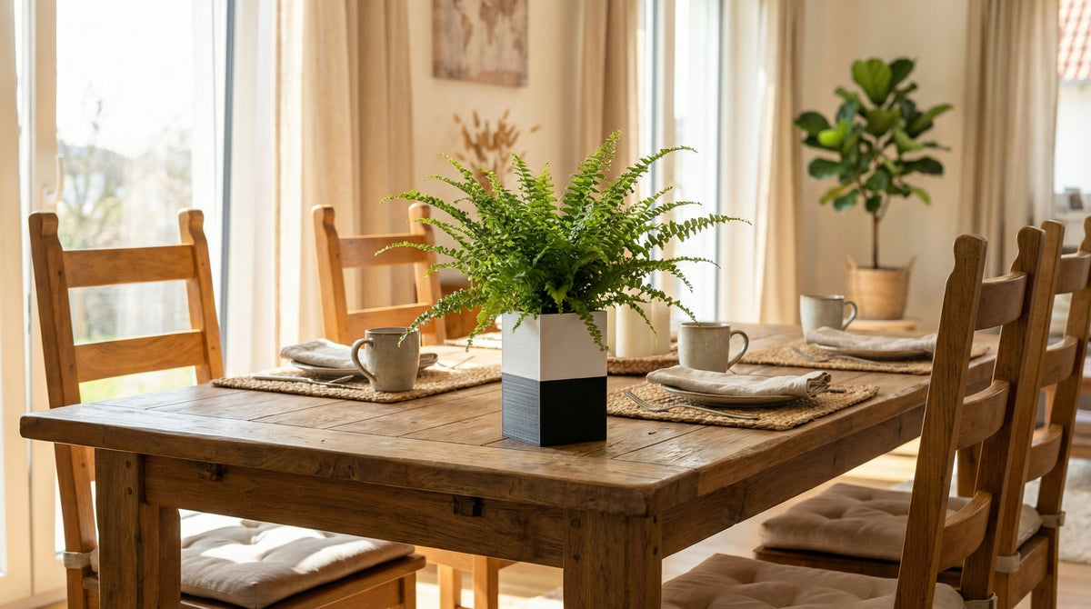 Cache-pot Le Cube bicolore blanc et noir Éclance (pour pot de 6cm) avec une fougère, utilisé comme centre de table sur une grande table à manger en bois massif dans une maison lumineuse.