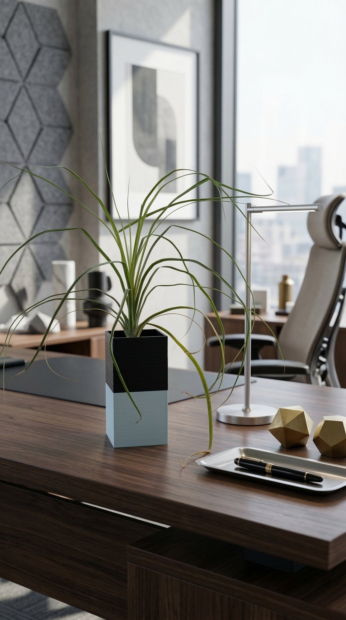 Cache-pot Le Cube bicolore noir et blanc Éclance pour pot de 6cm, posé sur un bureau de direction en bois avec une lampe minimaliste. En arrière-plan, un fauteuil ergonomique et un mur végétal géométrique gris.