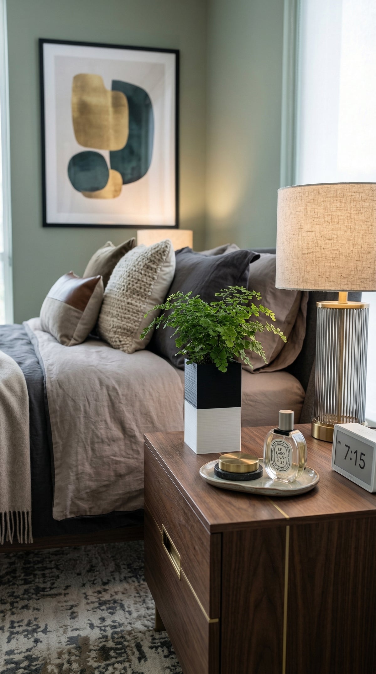 Cache-pot Le Cube bicolore noir et blanc Éclance (adapté pour un pot de 6cm) posé sur une table de nuit en noyer. Décoration de chambre zen avec plante verte, lampe striée et tableau abstrait dans des tons vert sauge et beige.