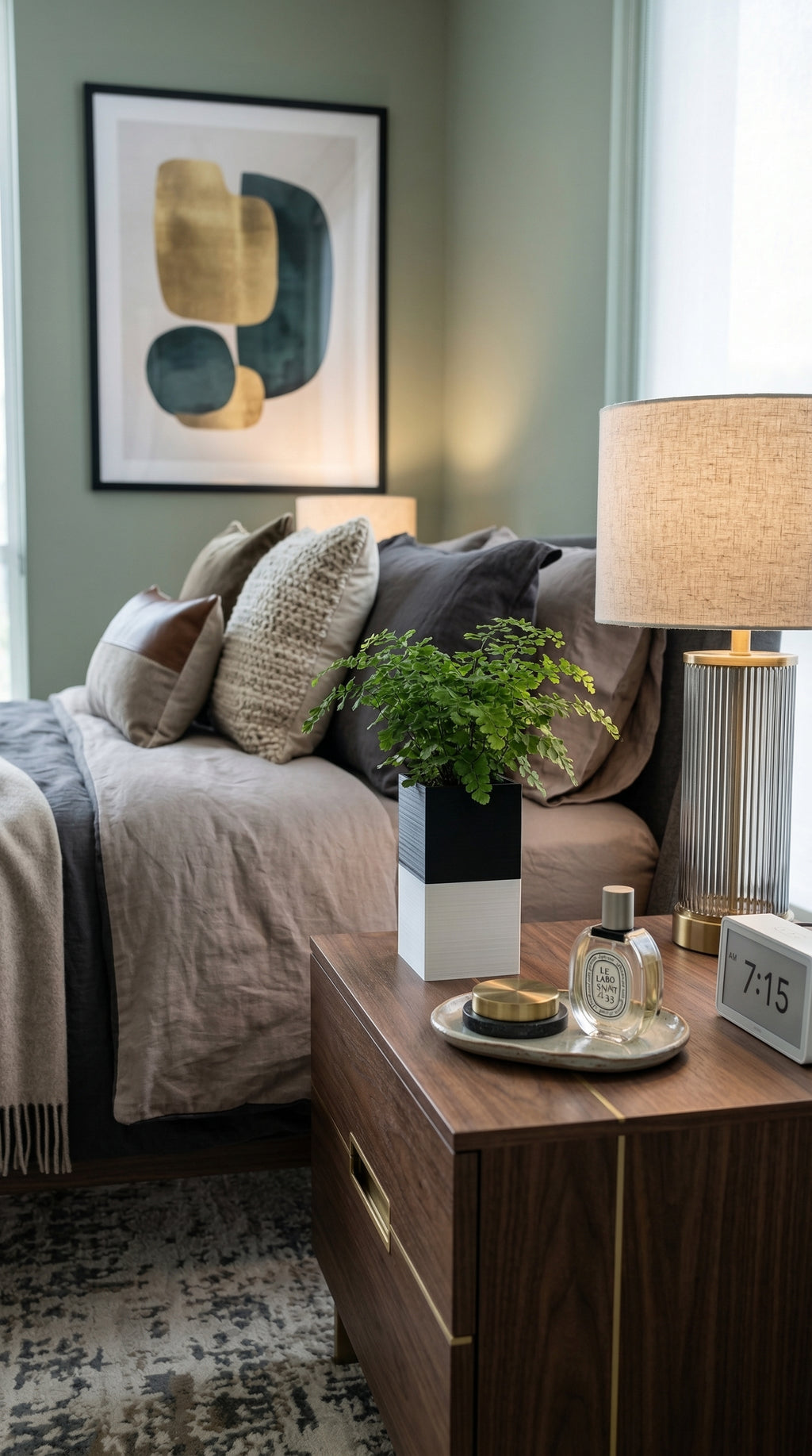 Cache-pot Le Cube bicolore noir et blanc Éclance (adapté pour un pot de 6cm) posé sur une table de nuit en noyer. Décoration de chambre zen avec plante verte, lampe striée et tableau abstrait dans des tons vert sauge et beige.