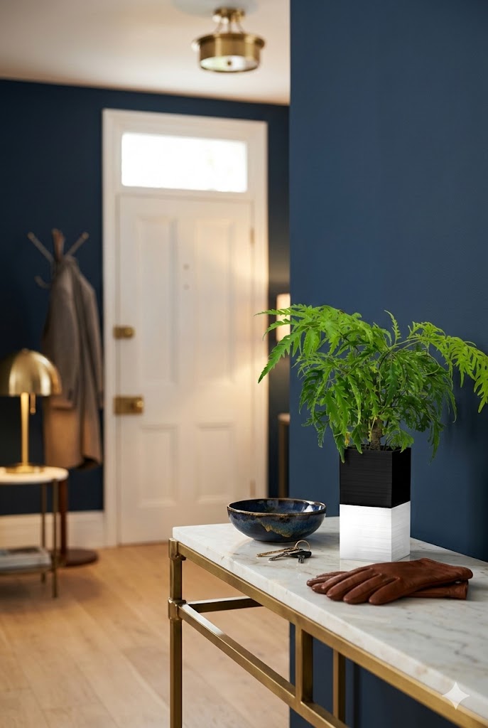Gros plan détaillé sur le cache-pot 'Le cube' d'Éclance, un design cubique bicolore noir texturé et blanc lisse spécifiquement conçu pour un pot de 6 cm. Il est présenté sur une console îlot végétal en marbre dans une entrée de maison sophistiquée aux murs bleu marine, contenant une fougère de Java vivante. Un bol décoratif bleu avec des clefs repose à côté, créant un lien entre extérieur et intérieur.