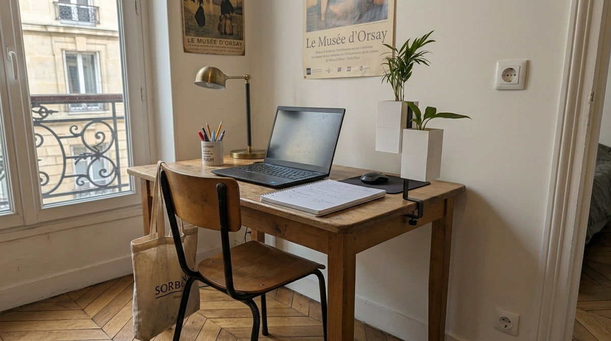 Le point central est le support L'îlot végétal d'Éclance, fixé par un serre-joint noir à un bureau en bois vintage. Il maintient deux cache-pots Le Cube Éclance de couleur blanche, parfaitement dimensionnés pour des pots de 6 cm, contenant des petites plantes vertes. Le bureau est situé dans un coin lumineux d'un appartement parisien, avec un ordinateur portable, un cahier, une lampe en laiton, un sac Sorbonne accroché à une chaise, et des affiches du Musée d'Orsay au mur, sur un parquet en point de Hongrie