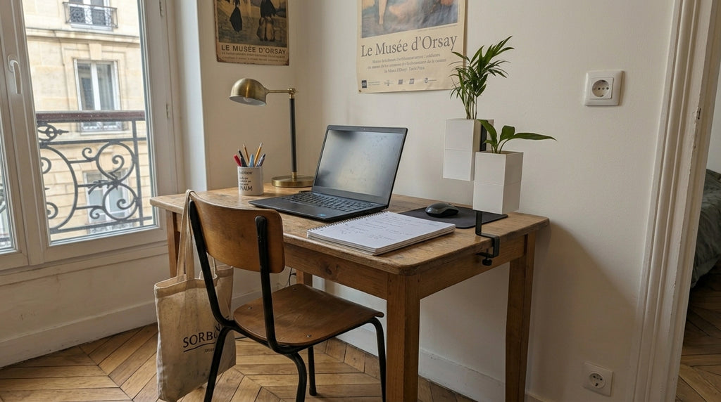 Le point central est le support L'îlot végétal d'Éclance, fixé par un serre-joint noir à un bureau en bois vintage. Il maintient deux cache-pots Le Cube Éclance de couleur blanche, parfaitement dimensionnés pour des pots de 6 cm, contenant des petites plantes vertes. Le bureau est situé dans un coin lumineux d'un appartement parisien, avec un ordinateur portable, un cahier, une lampe en laiton, un sac Sorbonne accroché à une chaise, et des affiches du Musée d'Orsay au mur, sur un parquet en point de Hongrie