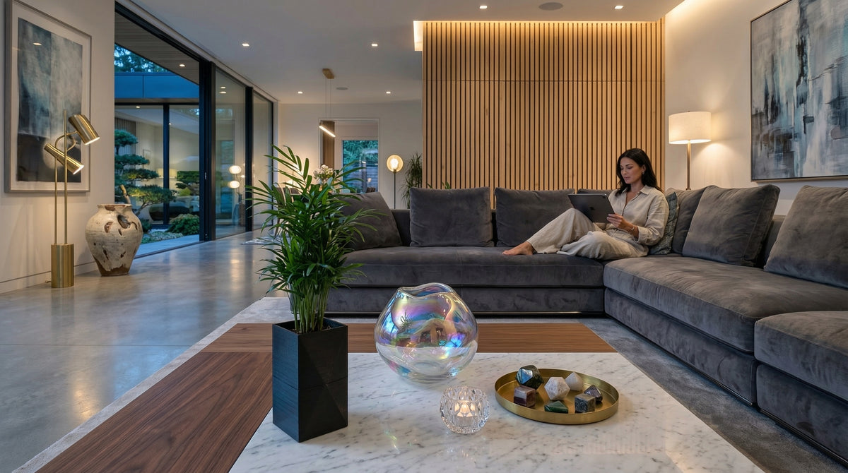 Cache-pot design Le Cube noir Éclance, adapté pour un pot de 6cm, trônant sur une table basse en marbre blanc et bois. En arrière-plan, une femme sur un grand canapé d'angle gris dans un salon de luxe avec murs en tasseaux de bois, baies vitrées panoramiques et éclairage tamisé.
