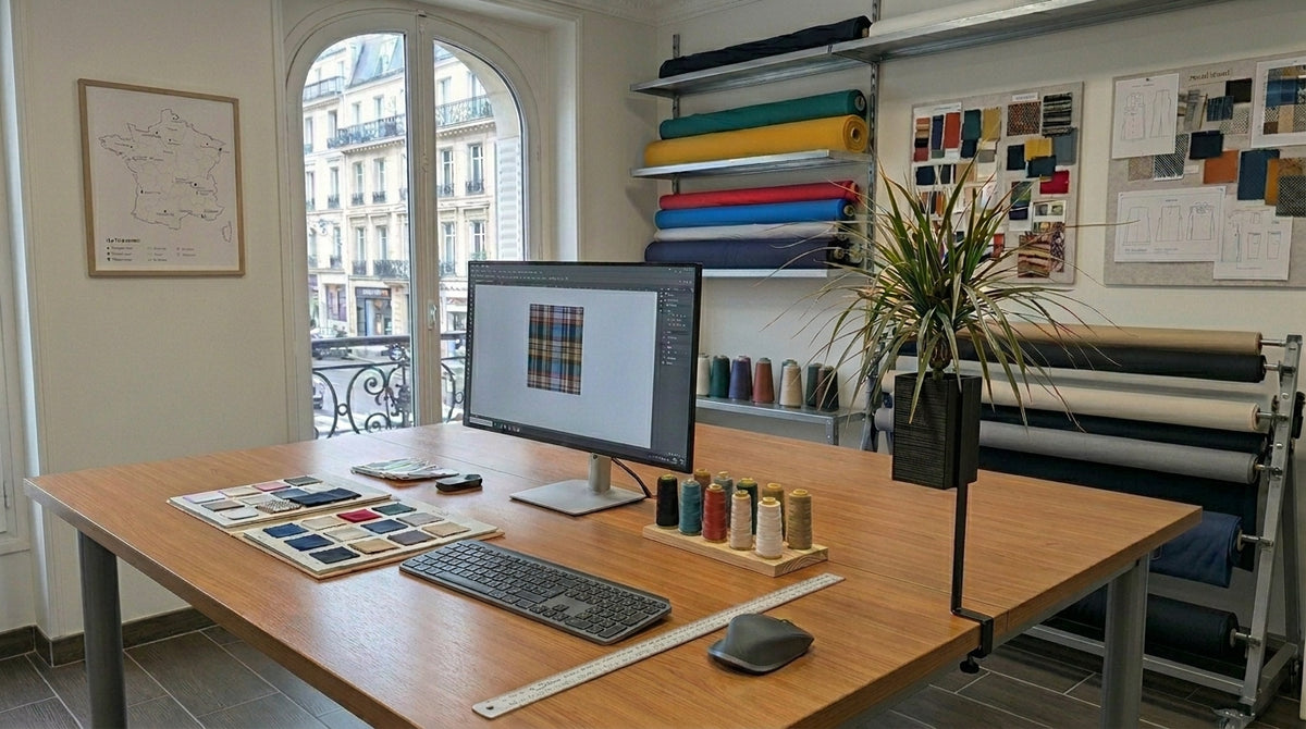 Cache-pot design Le Cube noir de la marque Éclance, spécialement adapté pour un pot de 6cm, installé sur son support L'Îlot Végétal. L'ensemble est fixé au bord d'un bureau en bois d'architecte grâce à son système de fixation en étau, apportant une touche de nature sans encombrer l'espace de travail.