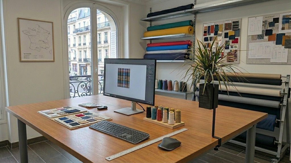 Cache-pot design Le Cube noir de la marque Éclance, spécialement adapté pour un pot de 6cm, installé sur son support L'Îlot Végétal. L'ensemble est fixé au bord d'un bureau en bois d'architecte grâce à son système de fixation en étau, apportant une touche de nature sans encombrer l'espace de travail.