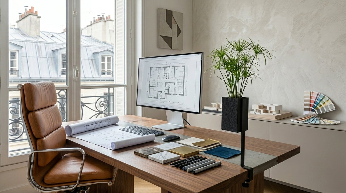 Cache-pot design Le Cube noir de la marque Éclance, spécialement adapté pour un pot de 6cm, installé sur son support L'Îlot Végétal. L'ensemble est fixé au bord d'un bureau en bois d'architecte grâce à son système de fixation en étau, apportant une touche de nature sans encombrer l'espace de travail.