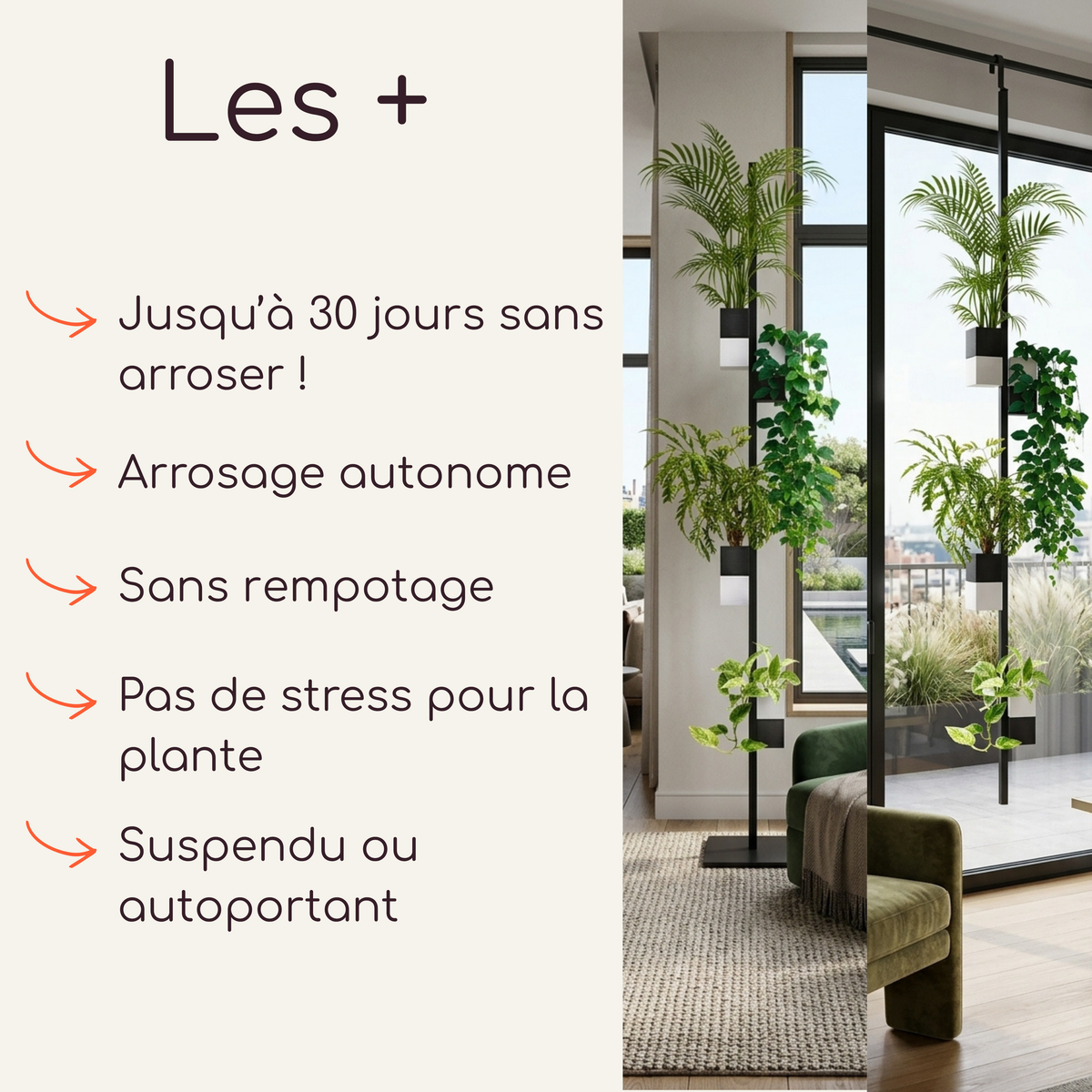 Aménagement Éclance décoration intérieur végétal : L'archipel végétal mettant en valeur le cache-pot Le cube (adapté pour un pot de 6cm) en coloris bicolore noir et blanc. Les plantes d'intérieur sont présentées à la fois sur un élégant support à poser au sol et sur une barre accrochée à une tringle de rideaux, avec système d'arrosage autonome Capill'O.