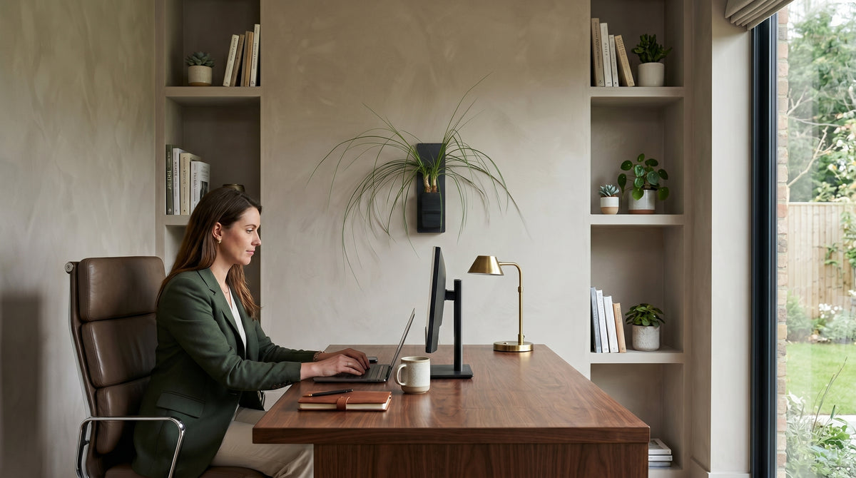 Décoration intérieur végétal par la marque Éclance : aménagement d'un bureau à domicile chaleureux avec une femme travaillant à son ordinateur. Au centre du mur beige, un support mural design met en valeur le cache-pot Le cube tout noir, spécifiquement adapté pour un pot de 6cm, accueillant une plante verte élégante. L'espace est complété par un bureau en bois de noyer, une lampe dorée et des étagères encastrées décorées de livres.