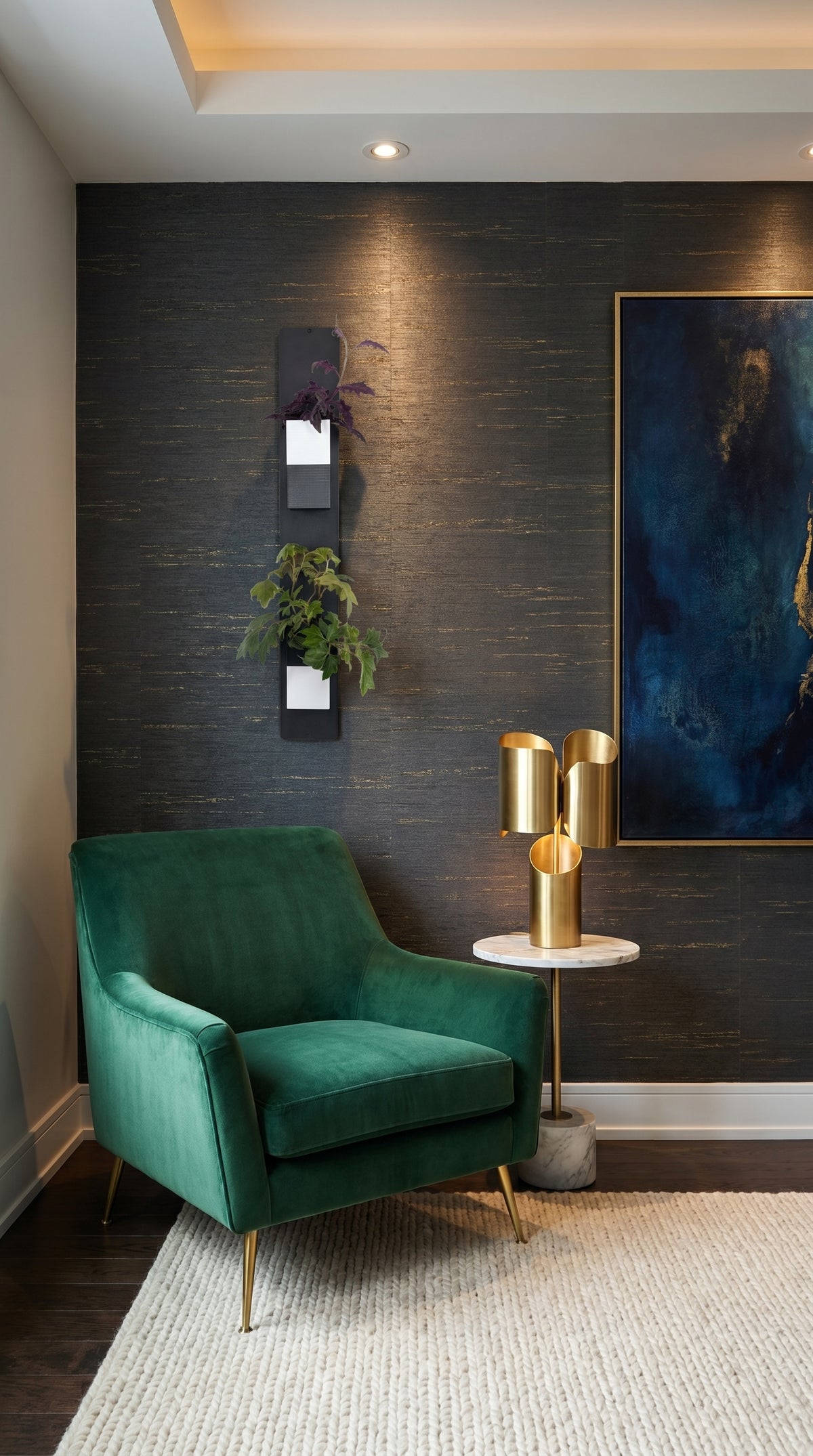 Un coin lounge contemporain sophistiqué avec un fauteuil en velours vert émeraude. Sur le mur texturé sombre, une composition murale Éclance décoration intérieur végétal de cache-pots modular Le cube, adaptés pour des pots de 6cm, est visible. Cette composition mixte comprend un cube unicolore tout noir en haut et un cube bicolore noir et blanc en bas, tous deux remplis de plantes. En dessous, un fauteuil en velours vert avec des pieds dorés est placé à côté d'une table d'appoint en marbre.