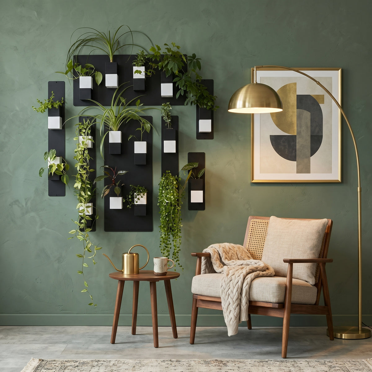 Une élégante composition murale végétale modulaire Éclance sur un mur vert sauge. L'ensemble comprend plusieurs panneaux magnétiques noirs supportant de nombreux cache-pots de la collection "Le cube" en finition bicolore (blanc et noir) adaptés pour des pots de 6cm, contenant une variété de plantes vertes luxuriantes, y compris des plantes suspendues. 