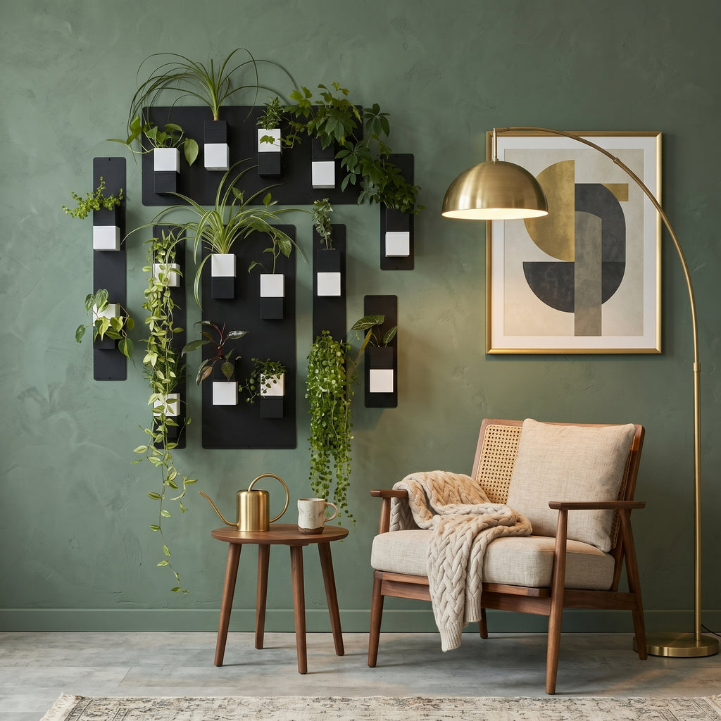 Une élégante composition murale végétale modulaire Éclance sur un mur vert sauge. L'ensemble comprend plusieurs panneaux magnétiques noirs supportant de nombreux cache-pots de la collection "Le cube" en finition bicolore (blanc et noir) adaptés pour des pots de 6cm, contenant une variété de plantes vertes luxuriantes, y compris des plantes suspendues. 
