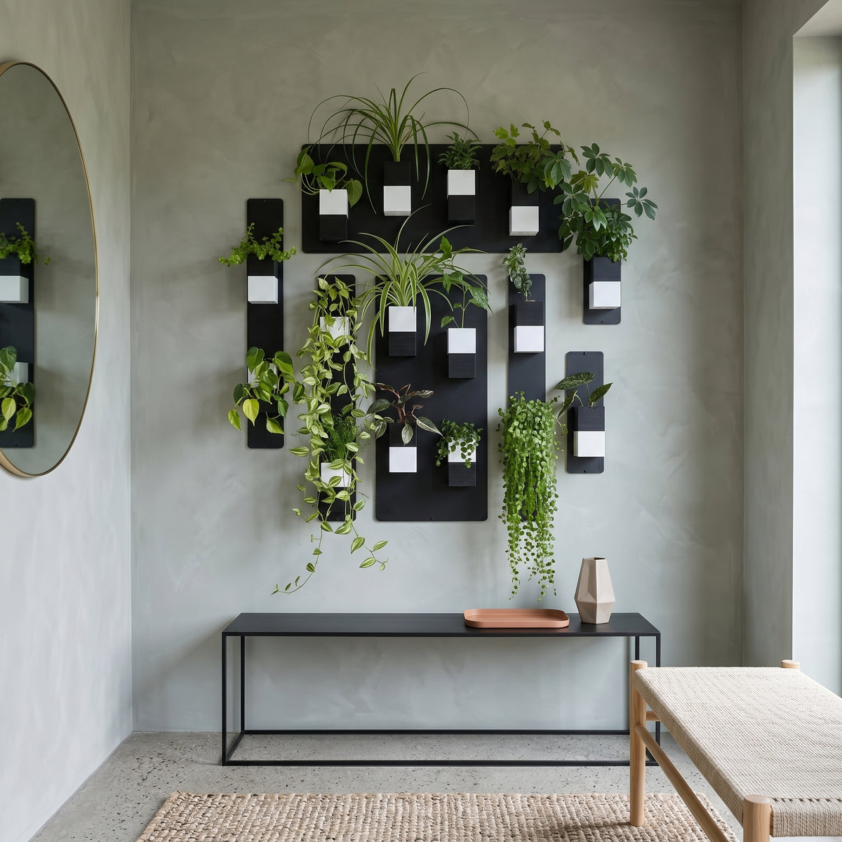 Une élégante composition murale végétale modulaire Éclance sur un mur vert sauge. L'ensemble comprend plusieurs panneaux magnétiques noirs supportant de nombreux cache-pots de la collection "Le cube" en finition bicolore (blanc et noir) adaptés pour des pots de 6cm, contenant une variété de plantes vertes luxuriantes, y compris des plantes suspendues. Dans un coin salon au design scandinave, un fauteuil en bois et rotin avec un jeté tricoté.