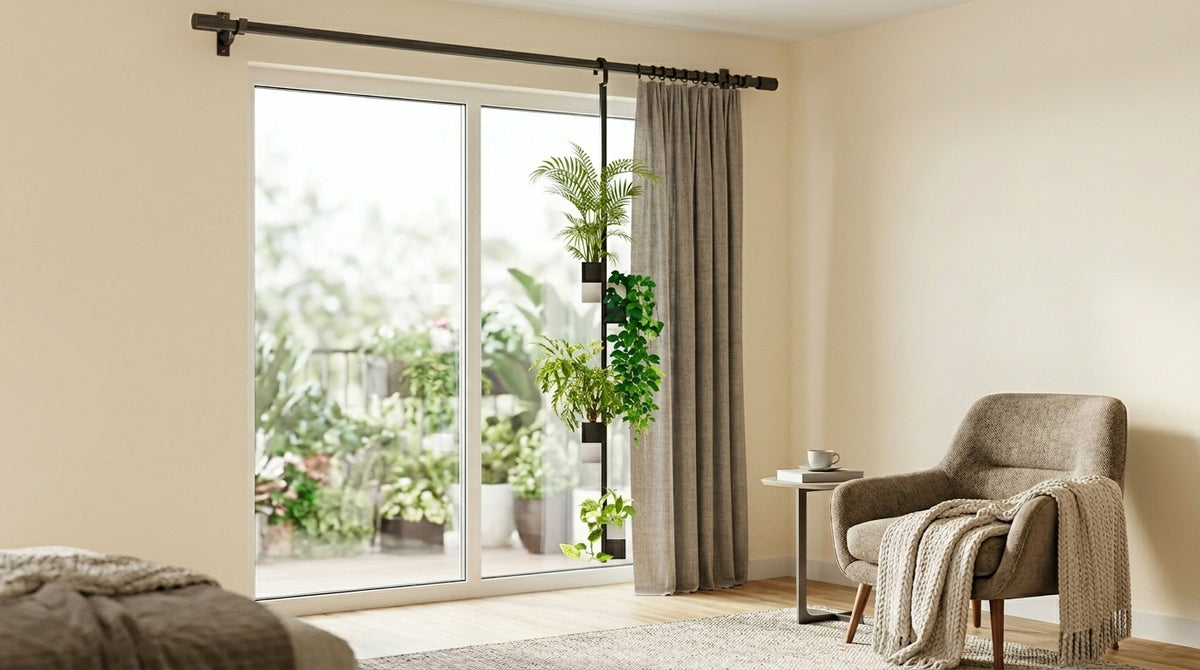 Espace lumineux avec vue sur un balcon arboré, sublimé par l'archipel végétal d'Éclance décoration intérieur végétal. Fixée sur la tringle devant la baie vitrée, cette suspension dispose de cache-pots Le cube alternant le noir et le blanc, conçus pour des pots de 6cm, formant un rideau végétal naturel à côté d'un fauteuil gris.