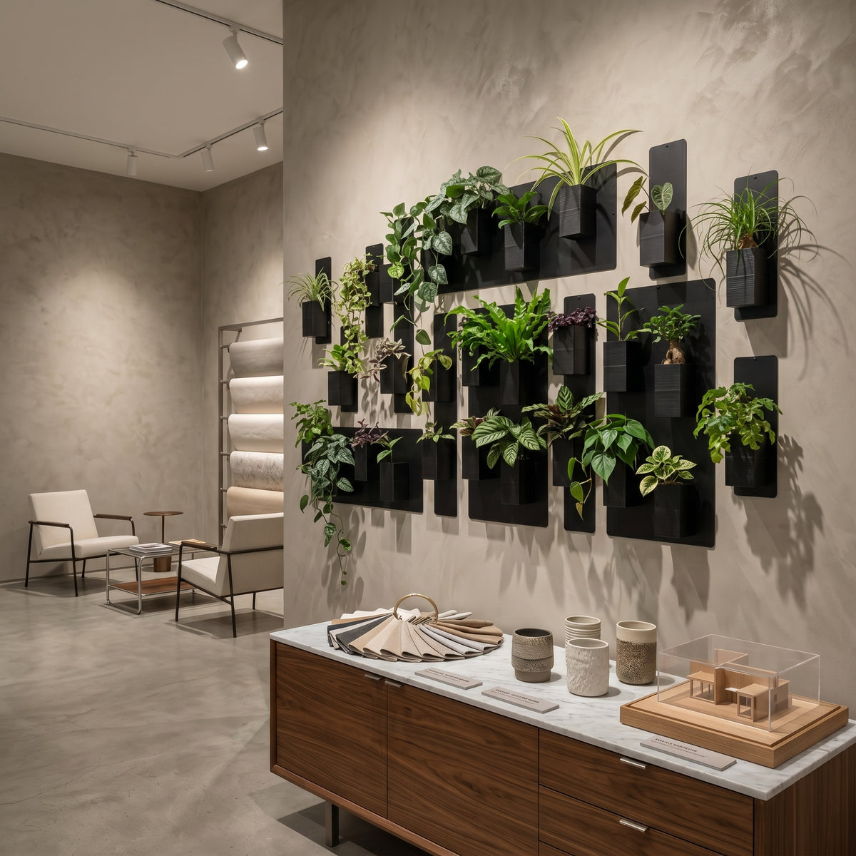 Décoration intérieur végétal par Éclance mettant en scène une grande composition murale de plantes. Sur un mur beige à effet texturé, des supports en métal noir accueillent le cache-pot Le cube noir, idéalement conçu pour un pot de 6cm, abritant diverses variétés de plantes d'intérieur. Un buffet en noyer au plan en marbre blanc présente un nuancier textile et une maquette d'architecte sous vitrine, s'ouvrant sur un espace d'attente design avec fauteuils épurés.