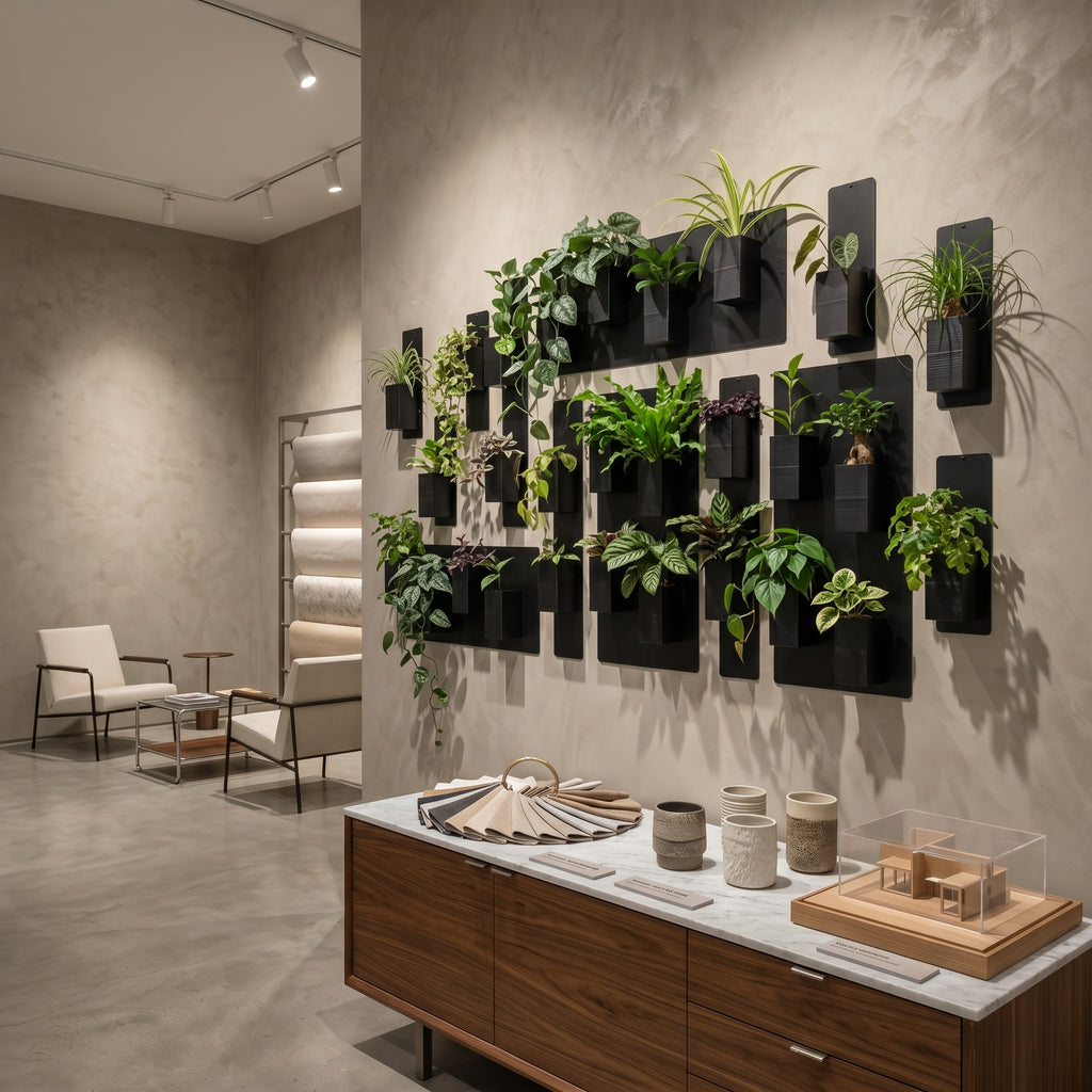 Décoration intérieur végétal par Éclance mettant en scène une grande composition murale de plantes. Sur un mur beige à effet texturé, des supports en métal noir accueillent le cache-pot Le cube noir, idéalement conçu pour un pot de 6cm, abritant diverses variétés de plantes d'intérieur. Un buffet en noyer au plan en marbre blanc présente un nuancier textile et une maquette d'architecte sous vitrine, s'ouvrant sur un espace d'attente design avec fauteuils épurés.