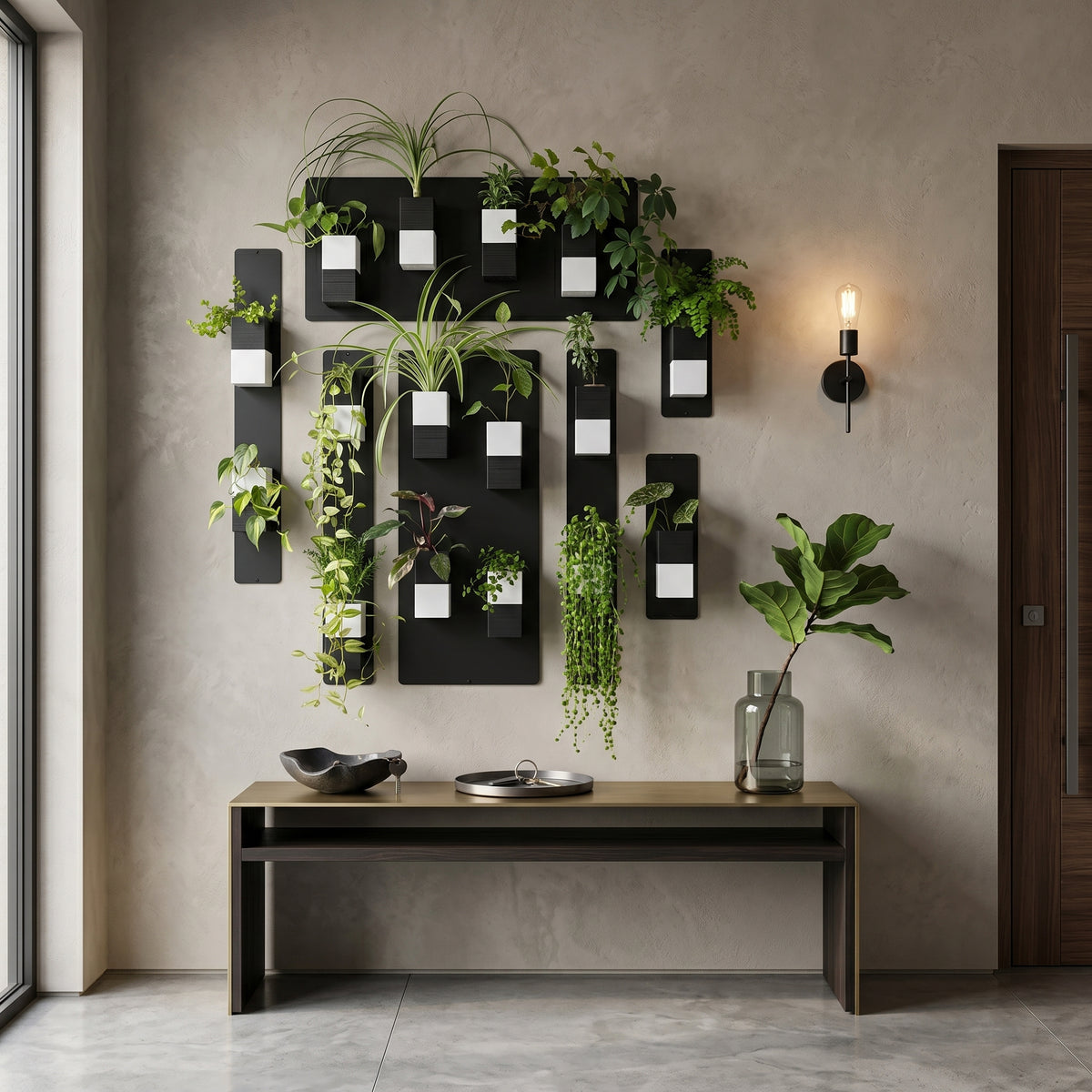 Une grande composition murale végétale Éclance décoration intérieur végétal installée dans une entrée chic. Sur un mur texturé beige, plusieurs panneaux magnétiques noirs accueillent des cache-pots Le cube en finition bicolore (noir et blanc), parfaitement adaptés pour des pots de 6cm. Les blocs renferment une grande variété de plantes d'intérieur vertes et retombantes. Sous ce mur végétal, une console design en bois sombre et métal accueille un vase en verre fumé et des coupelles décoratives.