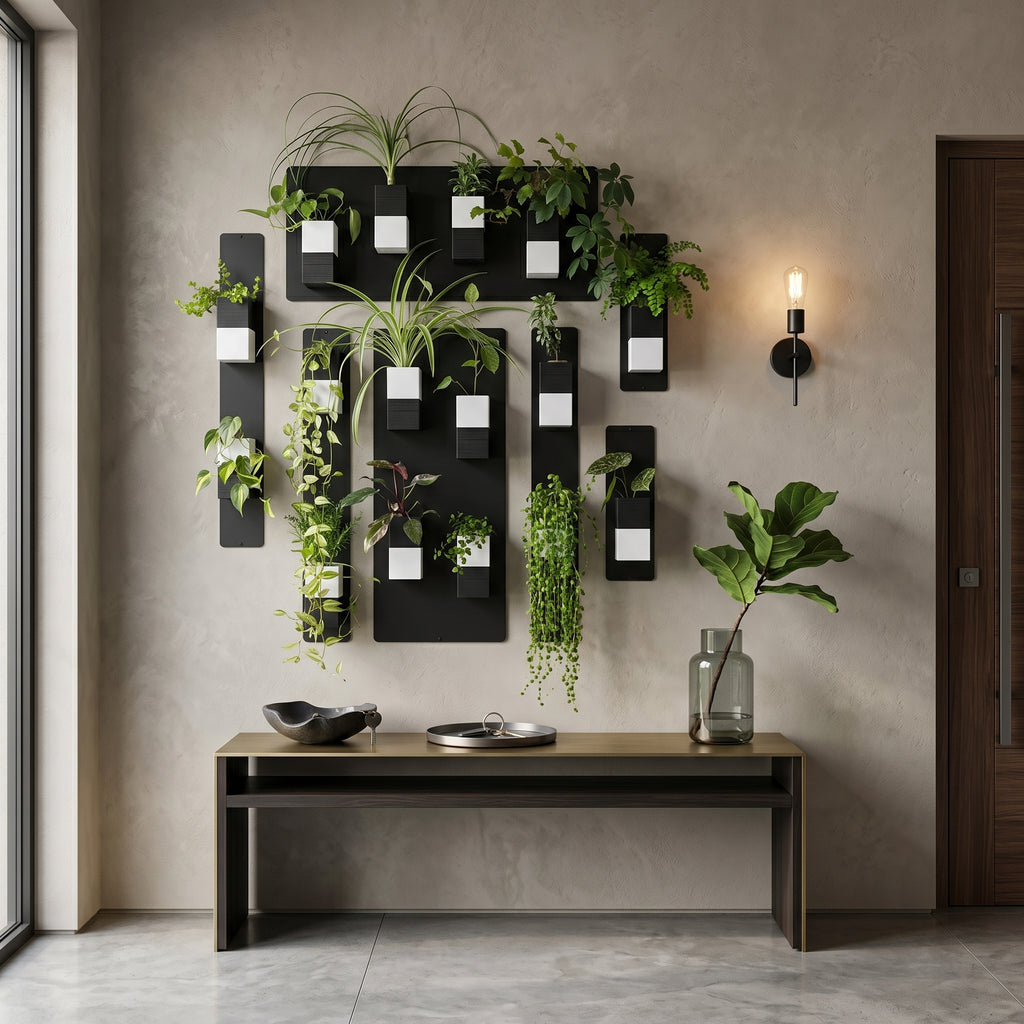 Une grande composition murale végétale Éclance décoration intérieur végétal installée dans une entrée chic. Sur un mur texturé beige, plusieurs panneaux magnétiques noirs accueillent des cache-pots Le cube en finition bicolore (noir et blanc), parfaitement adaptés pour des pots de 6cm. Les blocs renferment une grande variété de plantes d'intérieur vertes et retombantes. Sous ce mur végétal, une console design en bois sombre et métal accueille un vase en verre fumé et des coupelles décoratives.
