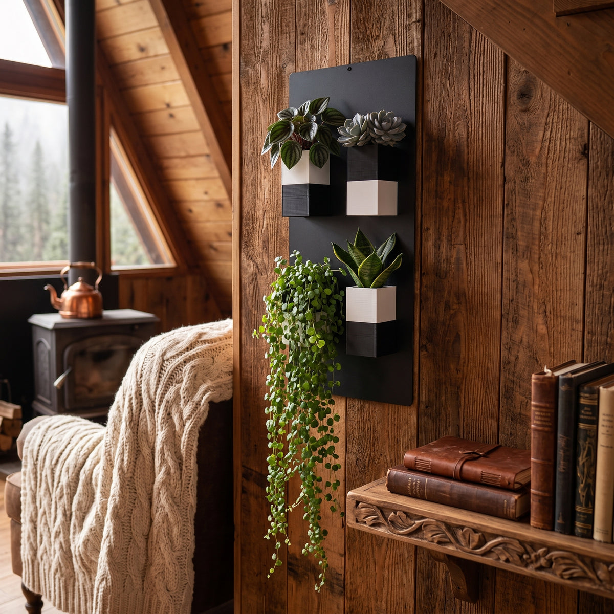 Support mural végétal noir Éclance décoration intérieur végétal fixé sur un mur en bois brut et rustique dans un séjour style chalet cocooning. Le panneau accueille quatre cache-pots bicolores noir et blanc Le cube, spécialement adaptés pour un pot de 6cm, abritant des succulentes et une plante retombante, à côté d'un fauteuil avec plaid en grosse maille et d'un poêle à bois rétro."